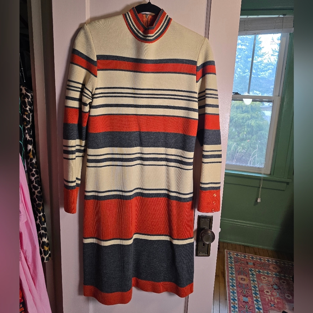 Vintage 70s Gia Ninno Wool Orange Cream Dress Size Medium